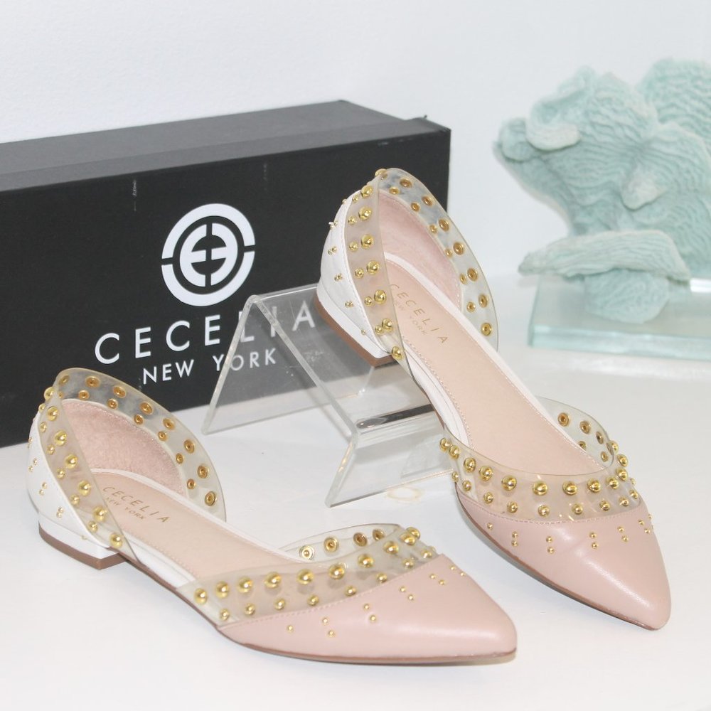Cecelia New York Min White Ballet Flats Clear Chic Pointy Studded Shoes 7.5